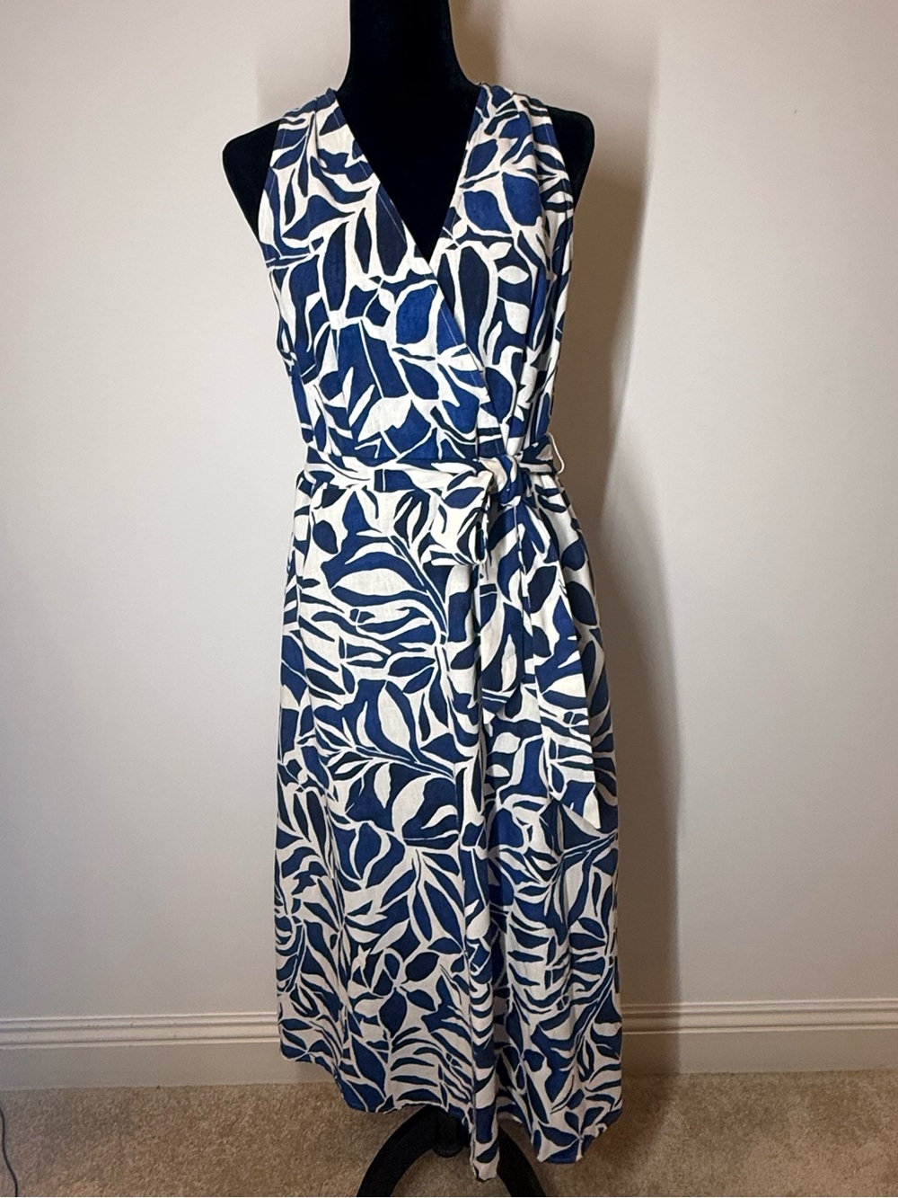 Emma & Michelle Linen-Look Blue White Abstract Botanical Leaf Print Dress L EUC